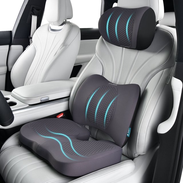 Florich Seat Cushion with Headrest&Lumbar Support Pillow, 3 PCS Ergonomic Memory Foam Back Support, Use for Office Chair/Car/Wheelchair, Gray