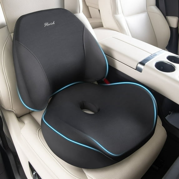 Florich Seat Cushiona and Lumbar Support Pillow for Driving Car Office Chair, Memory Foam Back Support Pillow and Office Seat Chair Cushion for Sciatica Pain Relief, Black