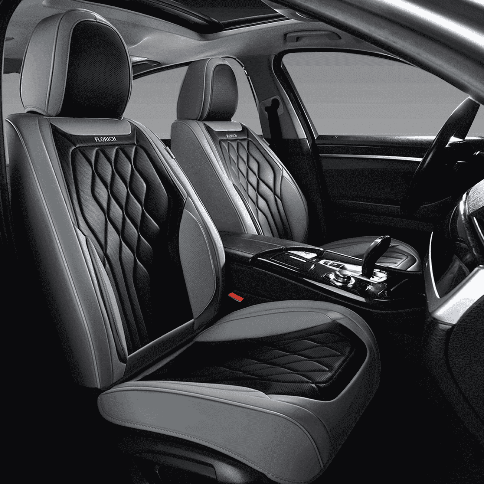 FLORICH Universal Car Seat Covers Front Pair, Waterproof Faux Leather Seat Protectors, Automotive Interior Cushions Fit for Most Cars SUV Trucks, Black & Gray