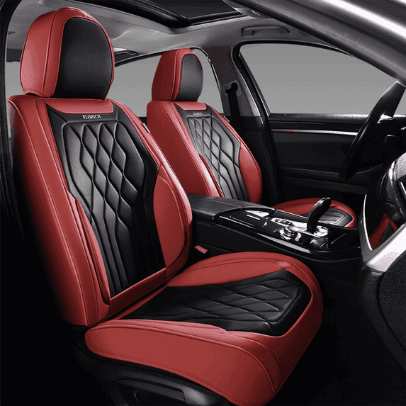 FLORICH Universal Car Seat Covers Front Pair, Waterproof Faux Leather Seat Protectors, Automotive Interior Cushions Fit for Most Cars SUV Trucks, Red & Black