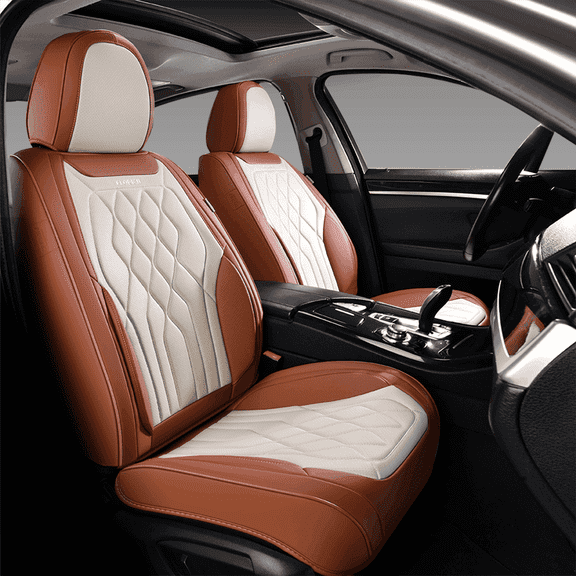 Florich Universal Car Seat Covers Front Pair, Waterproof Faux Leather Seat Protectors, Automotive Interior Cushions Fit for Most Cars SUV Trucks, Brown&Beige