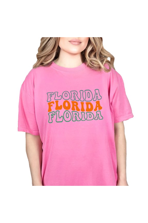 Florida, America, US or USA State, Groovy Retro Wavy Text, Crunchberry Comfort Colors T-Shirt, XL