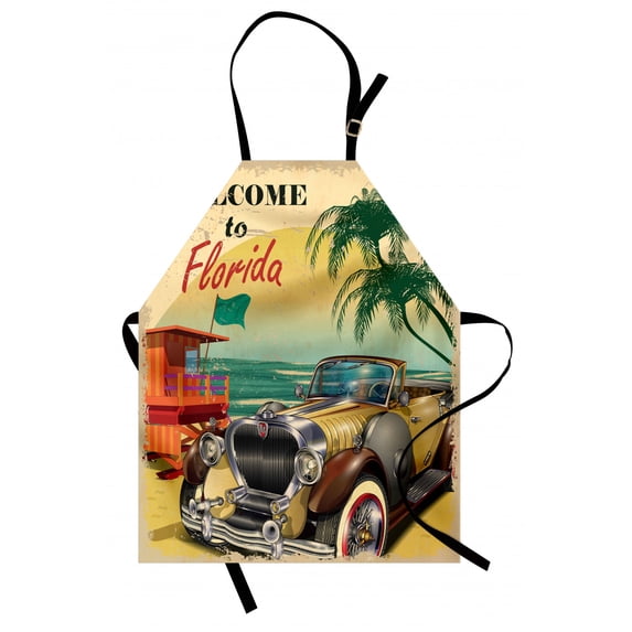 Florida Apron, Old Beach Picture with Vintage American Car a Visit to Touristic Coastal State, Unisex Kitchen Bib with Adjustable Neck for Cooking Gardening, Adult Size, Multicolor, by Ambesonne