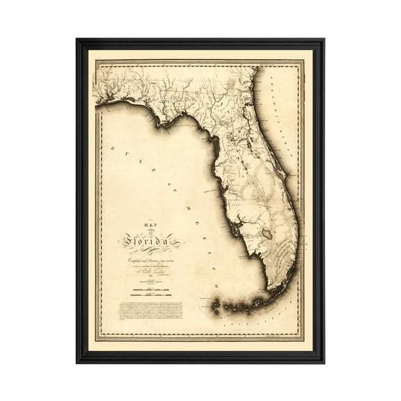 Florida Art, 1823 Vintage Map of Florida History Wall Decor Gift, Old Florida Map - 24" x 36" Black Framed Print