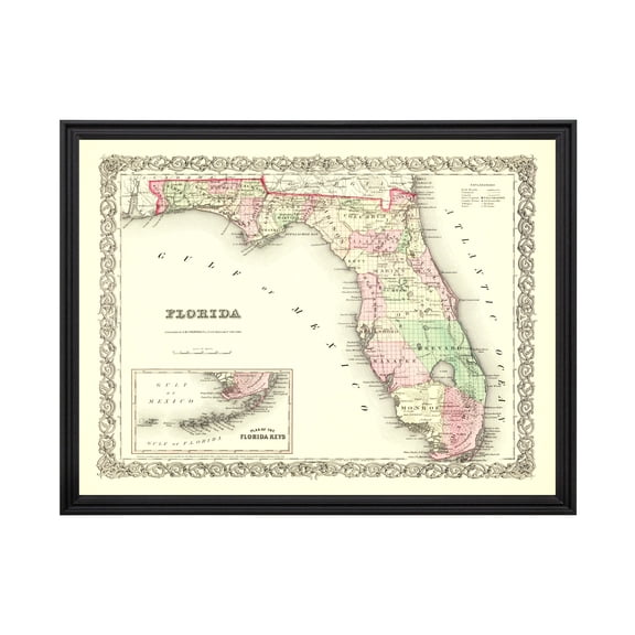 Florida Art, 1855 Vintage Map of Florida History Wall Decor Gift, Old Florida Map - 36" x 24" Black Framed Print