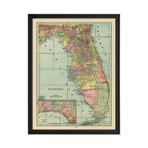 Florida Art, 1909 Vintage Map of Florida History Wall Decor Gift, Old Florida Map - 24" x 36" Black Framed Print