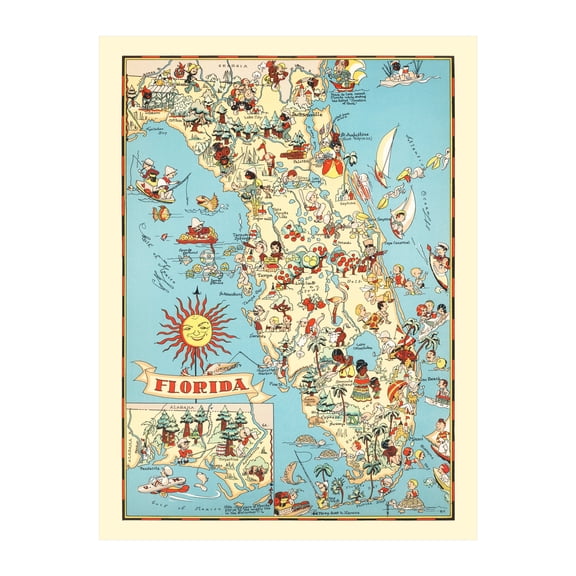Florida Art, 1935 Vintage Map of Florida History Wall Decor Gift, Old Florida Map - 24" x 36" Unframed Print