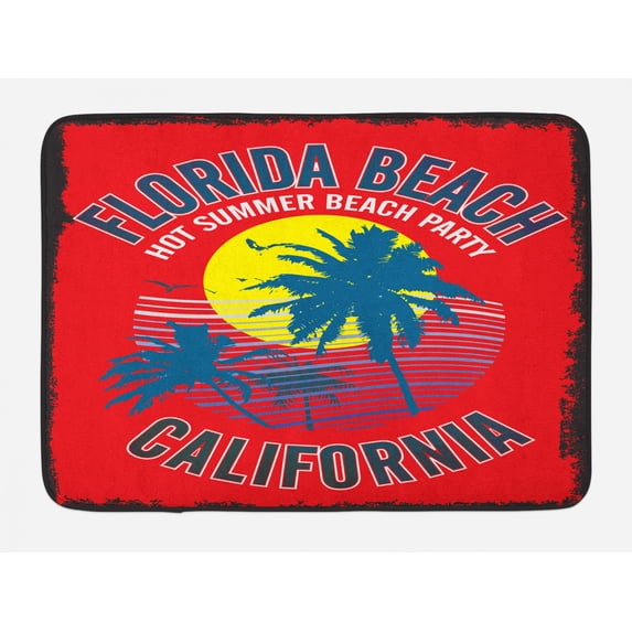 Florida Bath Mat, Hot Summer Beach Party in California Theme Grunge Backdrop with Trees and Waves, Plush Bathroom Decor Mat with Non Slip Backing, 29.5" X 17.5", Multicolor, by Ambesonne