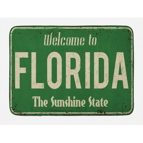 Florida Bath Mat, Welcome to Florida Old and Rusty Graphic Sign Design the Sunshine State, Plush Bathroom Decor Mat with Non Slip Backing, 29.5" X 17.5", Fern Green and Beige, by Ambesonne