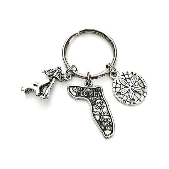 Florida Beach theme keychain. Includes State of Florida, Sand Dollar, and Beach Chair with Umbrella