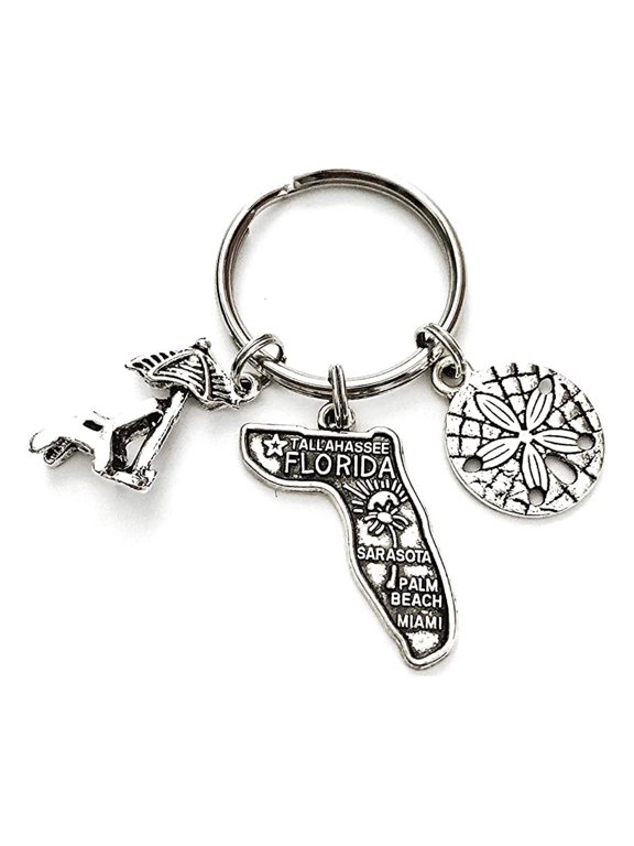 Florida Beach theme keychain. Includes State of Florida, Sand Dollar, and Beach Chair with Umbrella