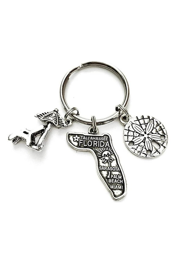 Florida Beach theme keychain. Includes State of Florida, Sand Dollar, and Beach Chair with Umbrella