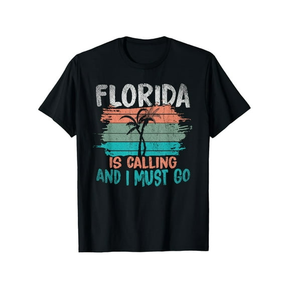 Florida Is Calling And I Must Go Retro Palm Trees Florida T-Shirt, Unisex cotton casual round neck outdoor short sleeve t-shirt with slight stretch, slightly elastic, , S-XXXLSizes
