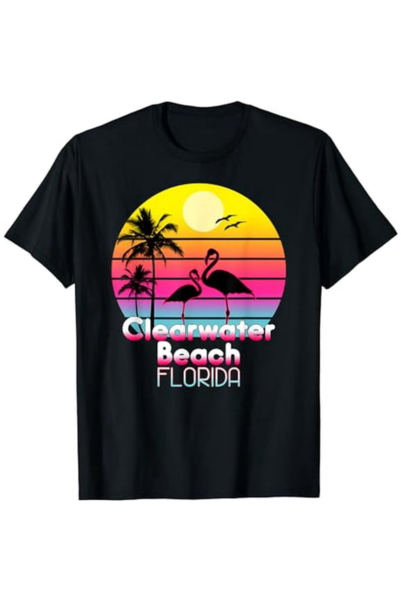 Florida Clearwater Beach Flamingo Retro Sunset Graphic Unisex T-Shirt