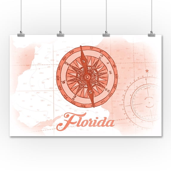 Florida - Compass - Coral - Coastal Icon - Lantern Press Artwork (36x54 Giclee Gallery Print, Wall Decor Travel Poster)
