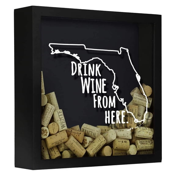 Torched Florida Wine Cork Shadow Box Wall Mount Decor 13"x13"x3" Black