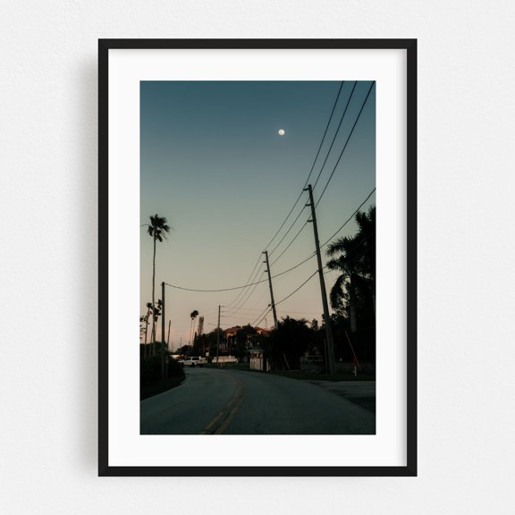 Florida Drive - Florida Photography Palm Tree Moon Tropical Landscape Sunset Rural Black Framed Wall Art Print 5 x 7 inches
