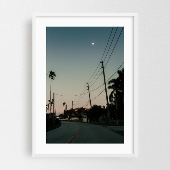 Florida Drive - Florida Photography Palm Tree Moon Tropical Landscape Sunset Rural White Framed Wall Art Print 5 x 7 inches