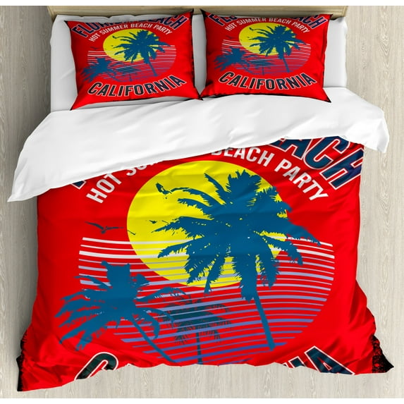 Florida Duvet Cover Set King Size, Hot Summer Beach Party in California Theme Grunge Backdrop with Trees and Waves, Decorative 3 Piece Bedding Set with 2 Pillow Shams, Multicolor, by Ambesonne
