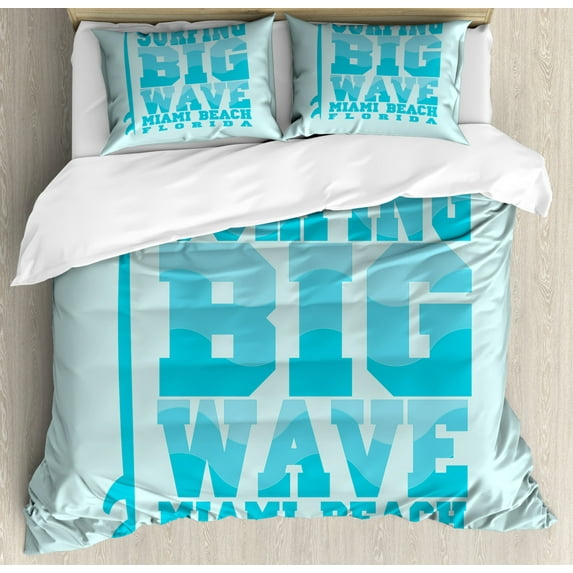 Florida Duvet Cover Set Queen Size, Surfing Big Wave Miami Beach Calligraphy Text with an Upright Surfboard, Decorative 3 Piece Bedding Set with 2 Pillow Shams, Baby Blue Sky Blue, by Ambesonne