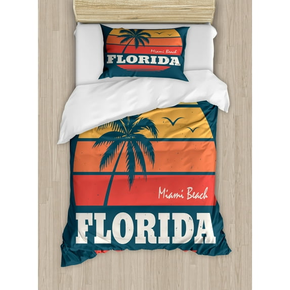 Florida Duvet Cover Set Twin Size, Abstract Circular Design of Miami Beach Warm Colored Sunset and Birds, Decorative 2 Piece Bedding Set with 1 Pillow Sham, Bluegrey Multicolor, by Ambesonne