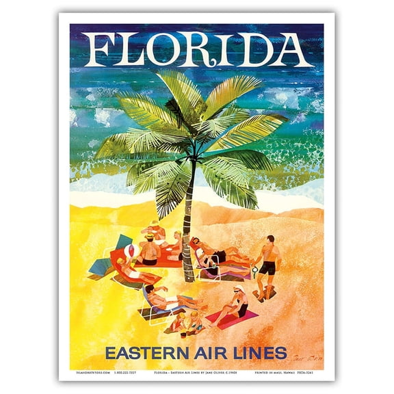 Florida - Eastern Air Lines - Sunbathers around Palm Tree - Vintage Airline Travel Poster by Jane Oliver c.1960s - Master Art Print (Unframed) 9in x 12in