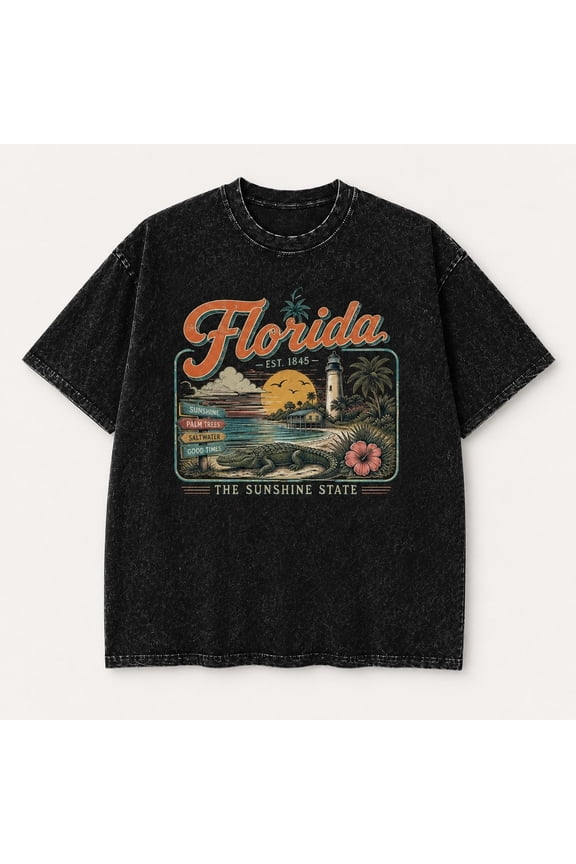 Florida Est 1845 Sunshine State Graphic T-Shirt | Retro Vintage Beach Tee | Unisex Washed Cotton
