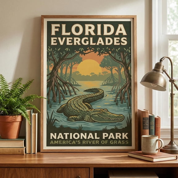 Florida Everglades National Park Poster, Vintage Alligator Travel Wall Art , Poster Print Only