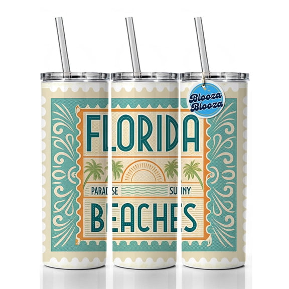 Florida FL Paradise Sunny Beaches State Travel Vacation Stamp 20oz Insulated Water Bottle Skinny Tumbler Includes Straw