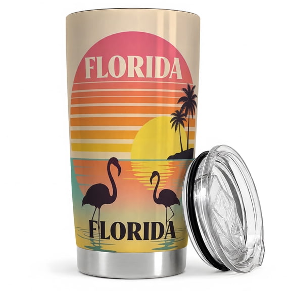 Florida Flamingo Sunset 20oz Tumbler, Tropical Beach Tumbler, Daily Coffee and Travel Drinkware, Palm Island Ocean Scene, Retro Coastal Art, Flamingo and Beach Vacation Enthusiasts