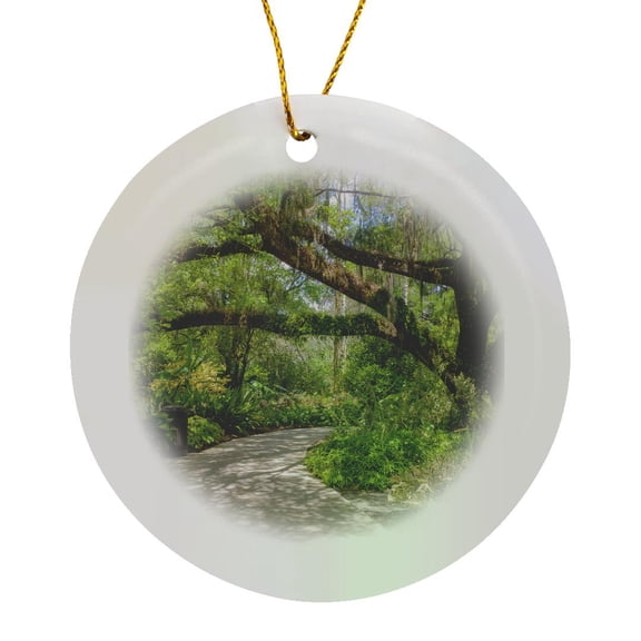 3drose, Florida. Garden with Palm Trees and Live Oak Covered in Spanish Moss., Circle Porcelain Ornament