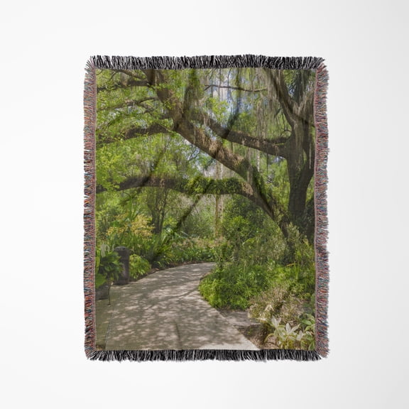 Florida. Garden With Palm Trees And Live Oak Covered In Spanish Moss., Woven Blanket