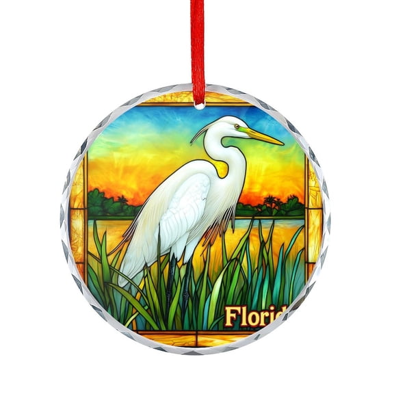 Florida Gift Egret Wildlife Crystal Glass Christmas Ornament for Xmas Tree White Heron at Sunset Christmas Ornament Round Glass