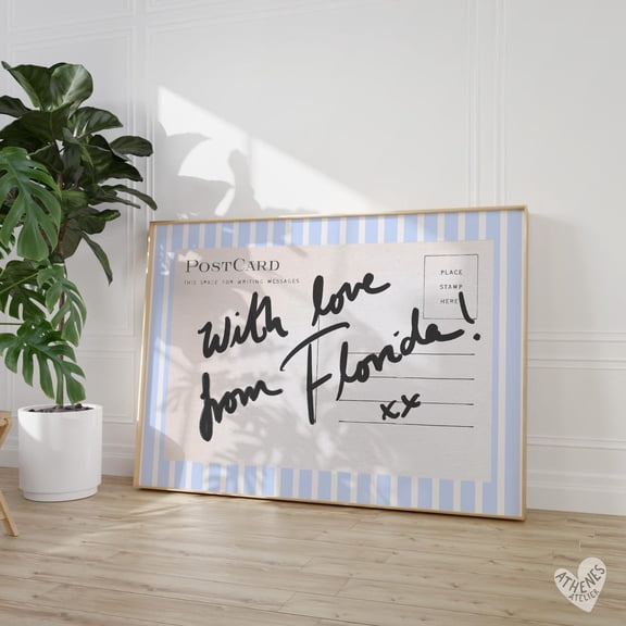 Florida Horizontal Above Bed Art Blue And White Stripes Trending With Love From Postcard Florida Retro Poster , Poster Print Only