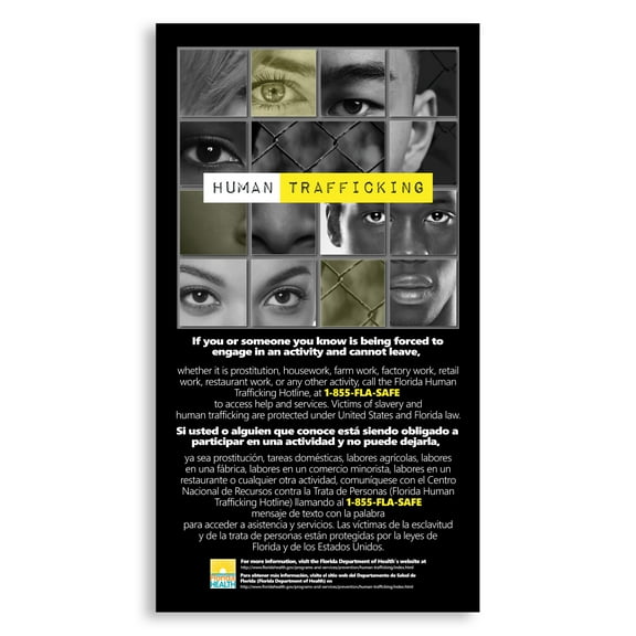 Florida Human Trafficking Commercial Sign, Human Trafficking Bill, Chapter 2019-152 - 11" x 20"