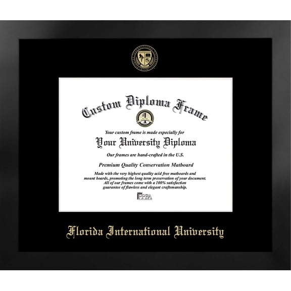 Florida International University 11w x 8.5h Manhattan Black Single Mat Gold Embossed Diploma Frame with Bonus Campus Images Lithograph (value savings at $59)