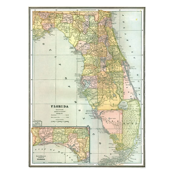 Historic State Map - Florida - Johnson 1888 - Vintage Wall Art