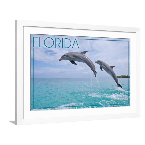 Art.com Florida - Jumping Dolphins Art Print by Lantern Press, White Frame Wall Art, 44" x 32"