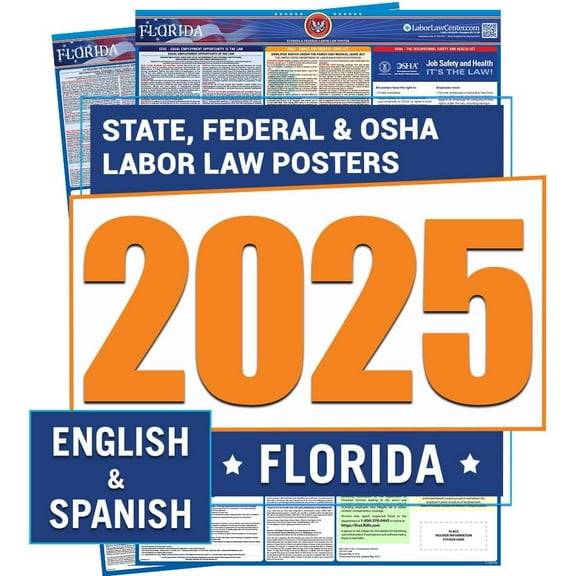 Florida Labor Law Poster 2025- State, Federal, OSHA Compliant - Workplace Required Posting for Employees - English and Spanish Combo - UV Laminated Waterproof - 26" x 39.5”- Bundle