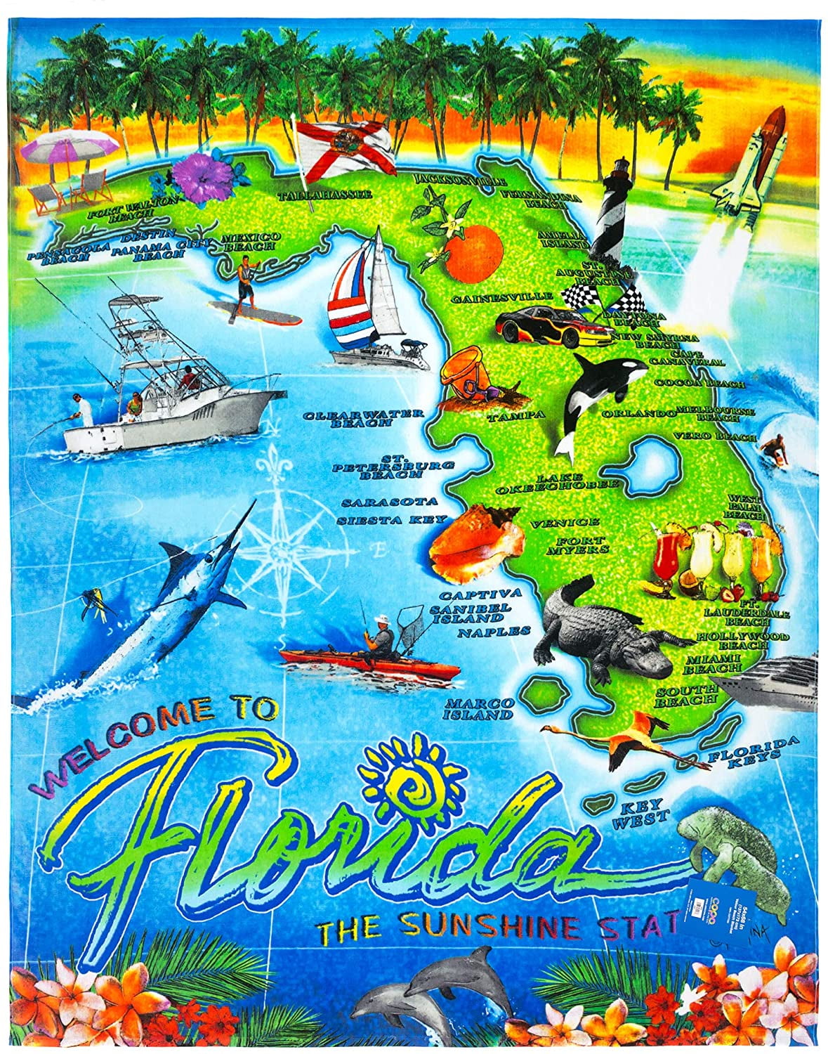 Florida Map Beach Blanket 54 x 68 inch Beach Towel 100% Cotton Family Size - Souvenir Tourist Map