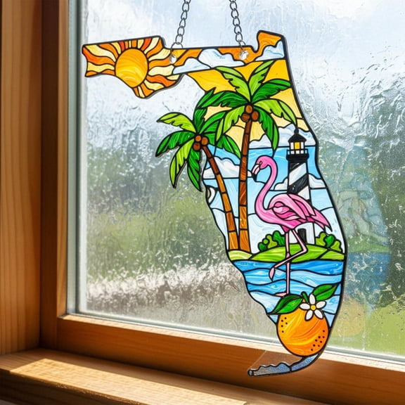 Florida Map Flamingo Palm Trees Lighthouse Acrylic Suncatcher Window Hanging