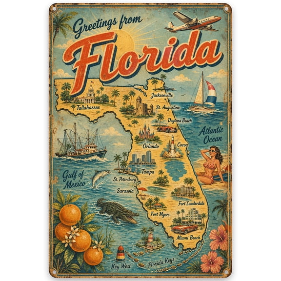 Florida Map Metal Wall Decor Sign 8x12 Inch - Vintage Style Greetings from Florida Iron Plaque with Pre-Drilled Holes for Easy Hanging, Ideal for Indoor Outdoor Home Decor, Weather Resistant