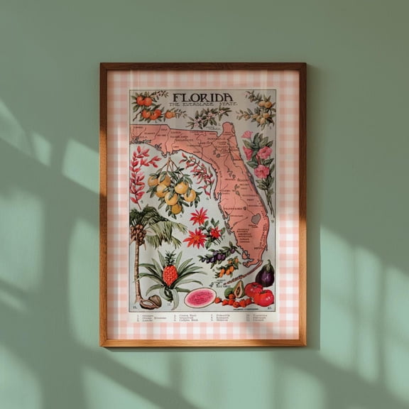 Florida Map Poster, Colorful Gingham Beach And Palm Tree Wall Art