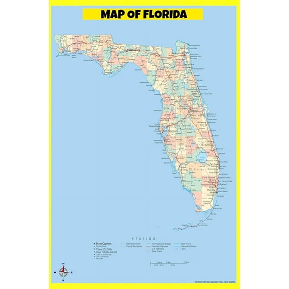 Florida Map Poster - Laminated Wall Map - Style A - 18x24 - Ideal for Classrooms and Homes – Features Bright Colors and Vivid Imagery