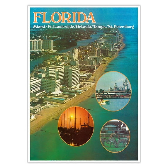 Florida - Miami Ft. Lauderdale Orlando Tampa St. Petersburg - Vintage Airline Travel Poster - Master Art Print 10in x 14in