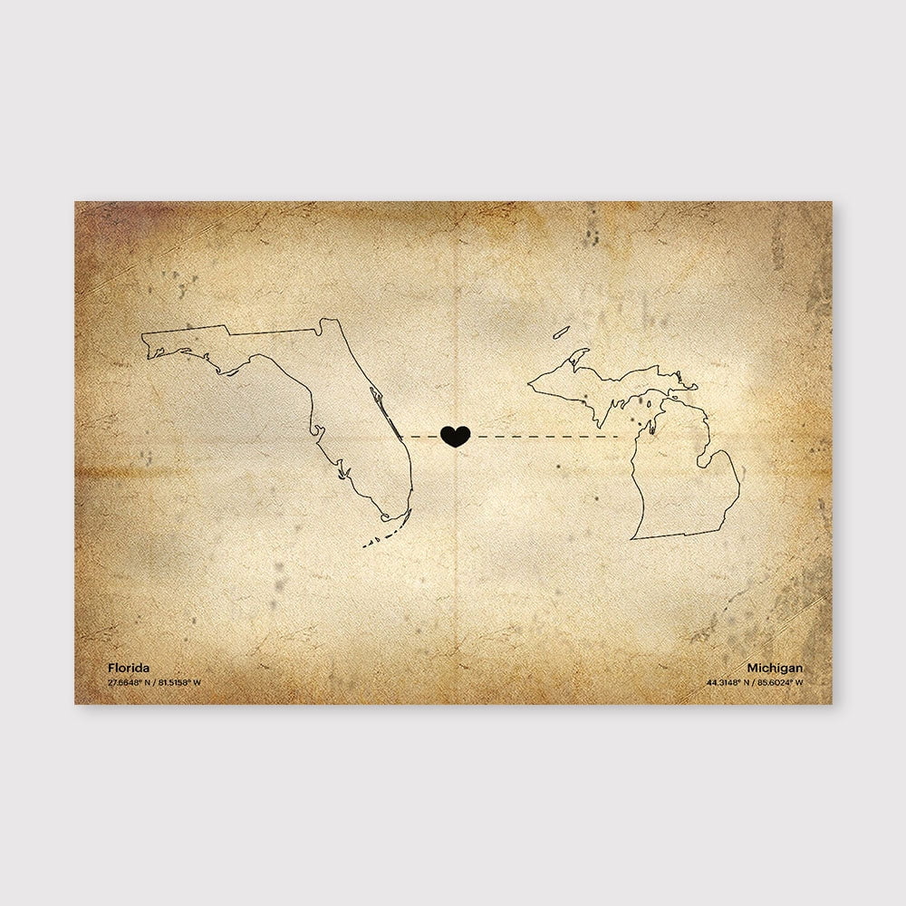 Florida Michigan State Connection Map Canvas Wall Art 8x12 inch ...