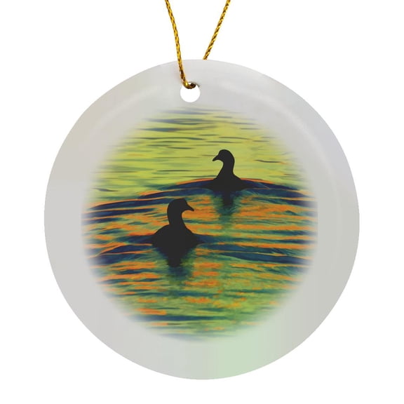 3drose, Florida, Mt. Dora, Silhouette of Birds Paddling - Us10 Dsn0004 - Deborah Sandidge, Circle Porcelain Ornament