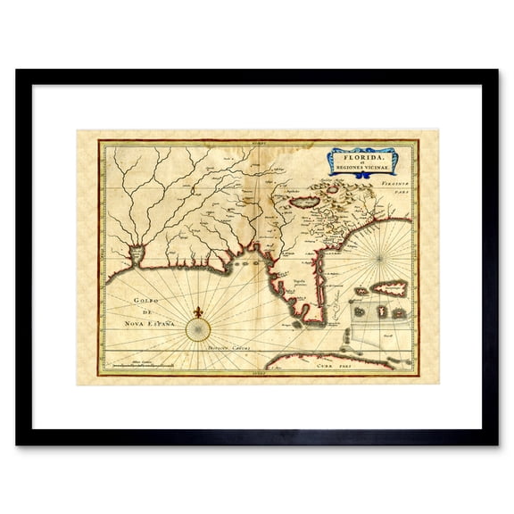 Florida Old Antique Map Art Print Black Framed Poster Wall Decor 9x7 inch