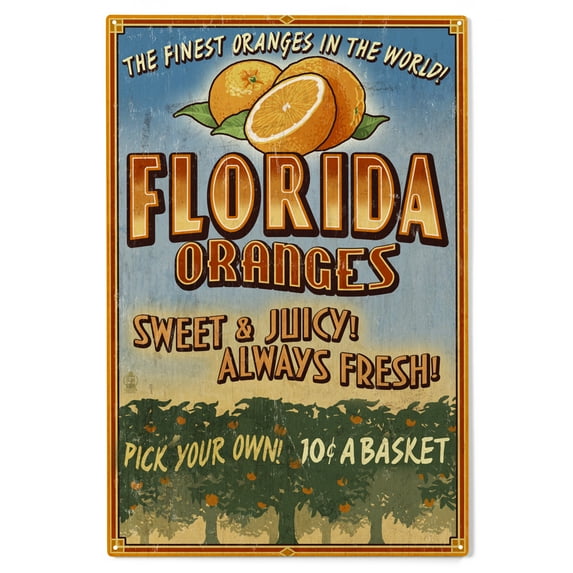 Florida, Orange Grove Vintage Sign Birch Wood Wall Sign (10x15 Rustic Home Decor, Ready to Hang Art)