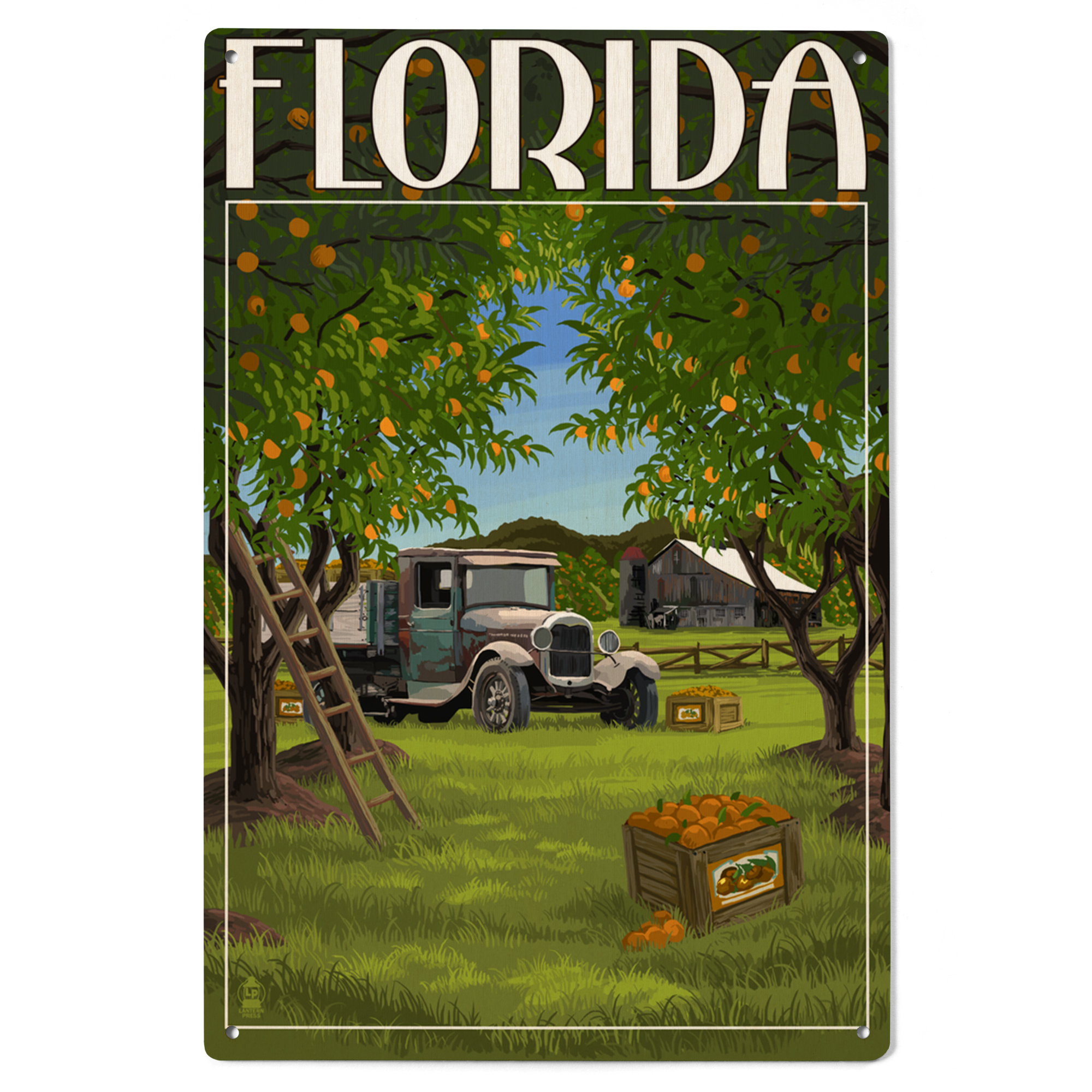 Florida, Orange Grove with Truck Birch Wood Wall Sign (6x9 Rustic Home ...